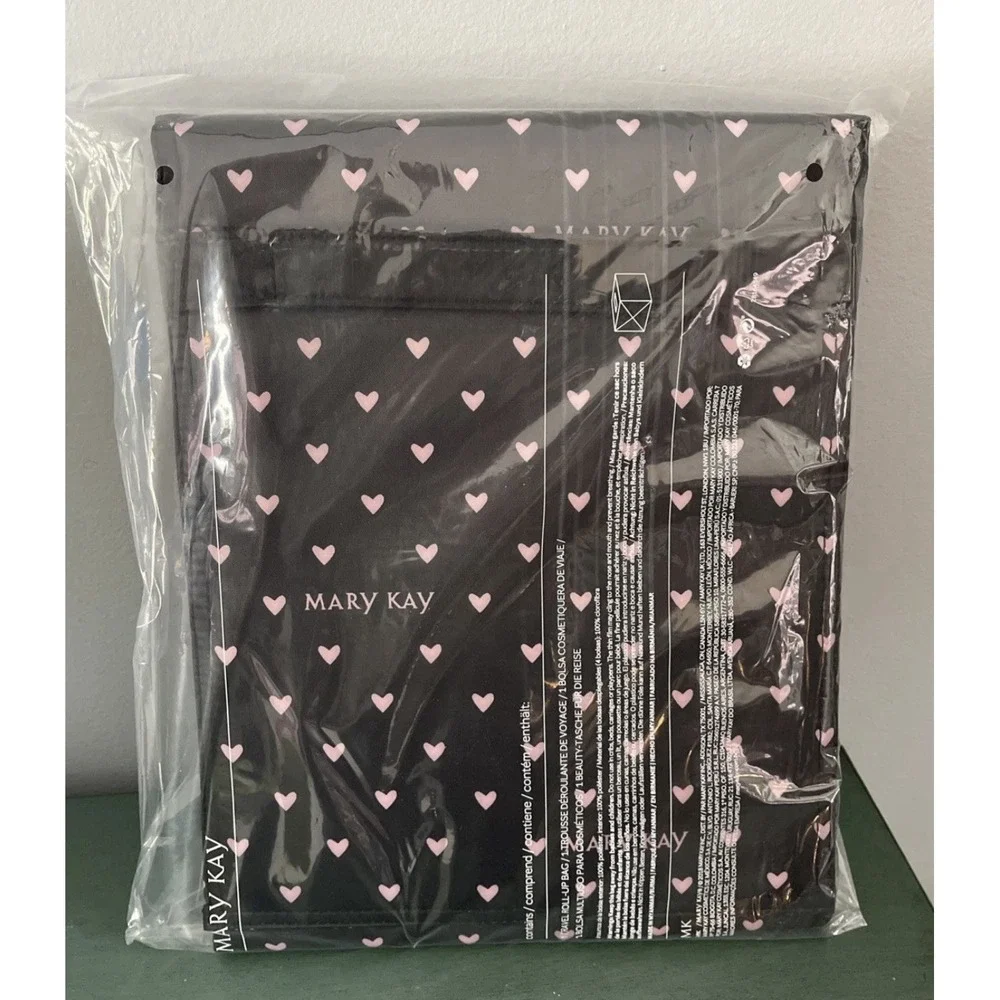 Mary Kay Travel Roll Up Bag Black Pink Heart Print Cosmetic Organizer New